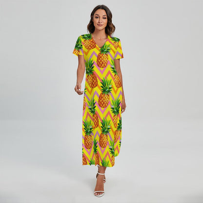 Pastel Zig Zag Pineapple Pattern Print Short Sleeve Maxi Dress