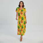 Pastel Zig Zag Pineapple Pattern Print Short Sleeve Maxi Dress