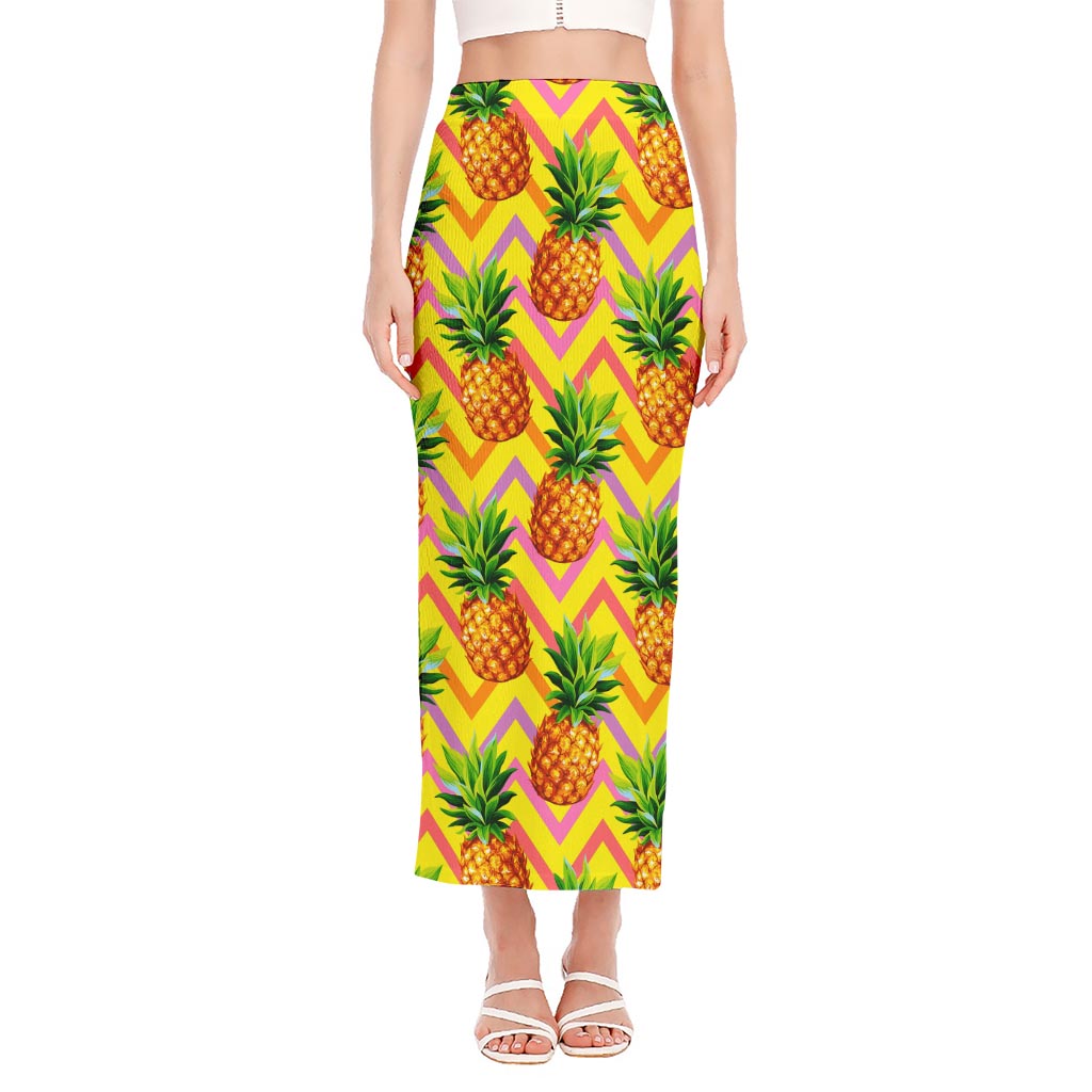 Pastel Zig Zag Pineapple Pattern Print Side Slit Maxi Skirt