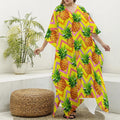 Pastel Zig Zag Pineapple Pattern Print Silk V-Neck Kaftan Dress