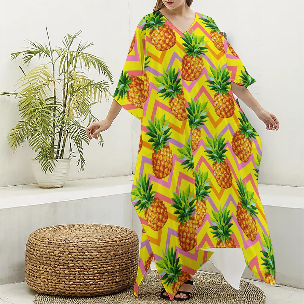 Pastel Zig Zag Pineapple Pattern Print Silk V-Neck Kaftan Dress