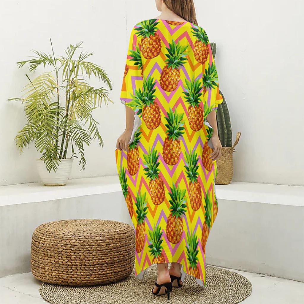 Pastel Zig Zag Pineapple Pattern Print Silk V-Neck Kaftan Dress