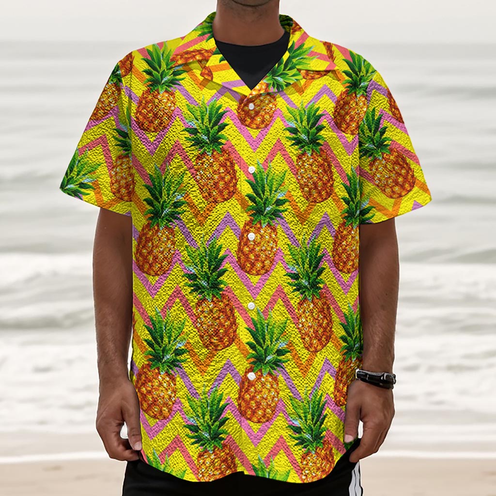 Pastel Zig Zag Pineapple Pattern Print Textured Short Sleeve Shirt