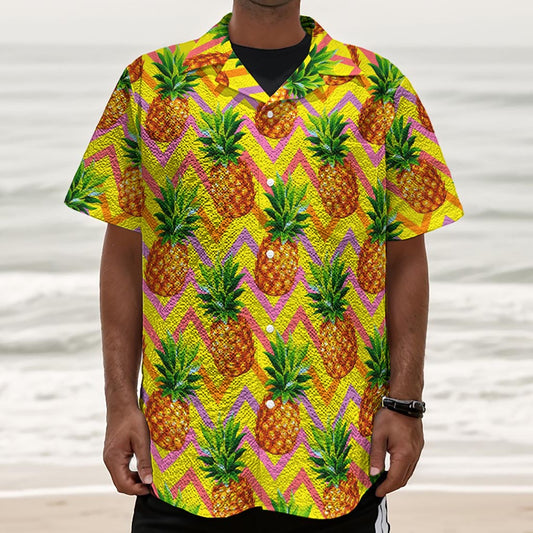 Pastel Zig Zag Pineapple Pattern Print Textured Short Sleeve Shirt