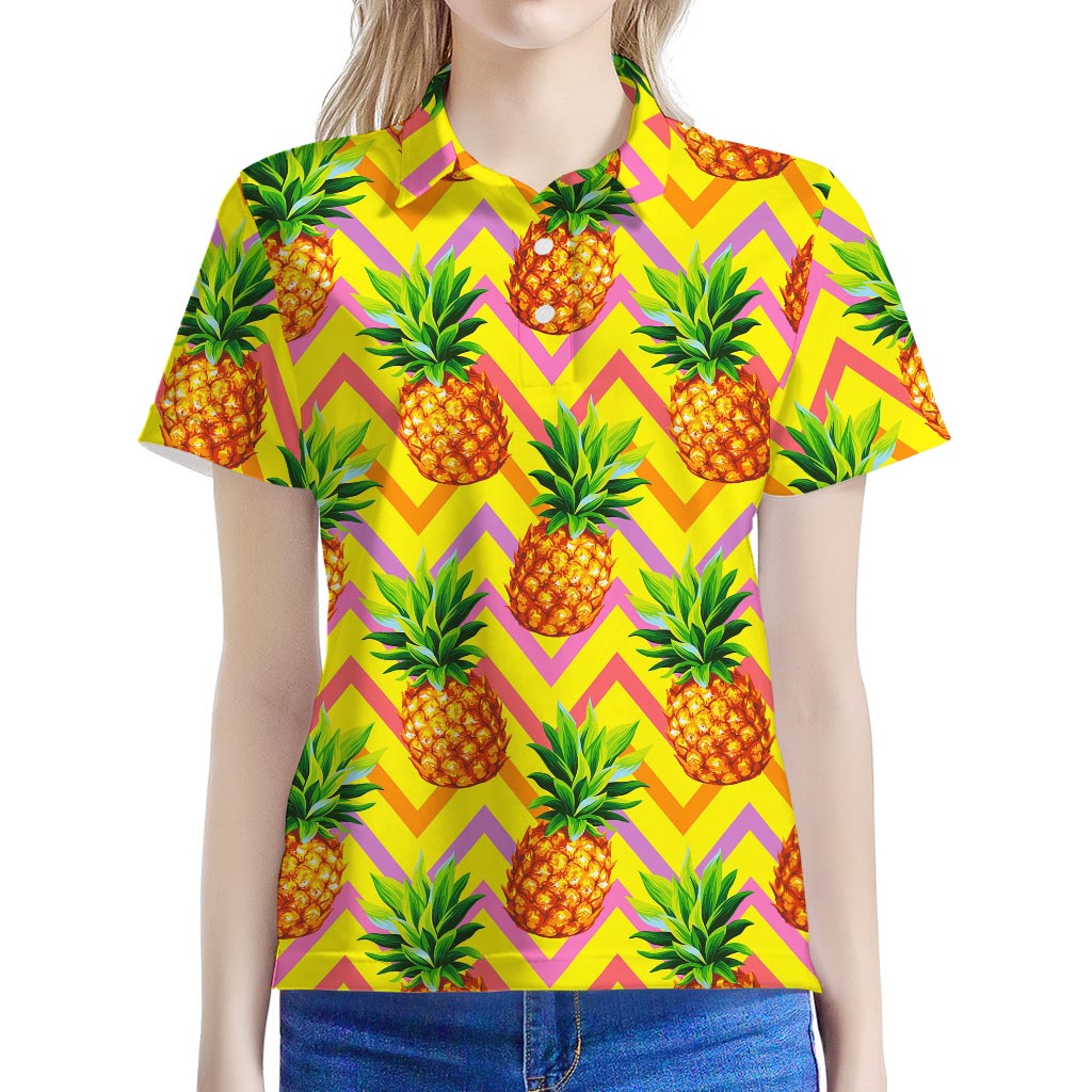 Pastel Zig Zag Pineapple Pattern Print Women's Polo Shirt