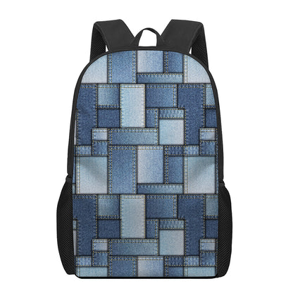 Patchwork Denim Jeans Pattern Print 17 Inch Backpack
