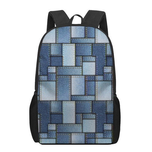 Patchwork Denim Jeans Pattern Print 17 Inch Backpack
