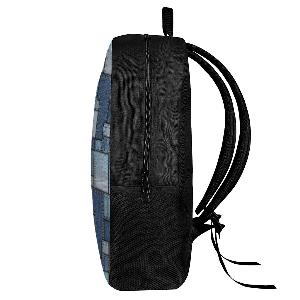 Patchwork Denim Jeans Pattern Print 17 Inch Backpack