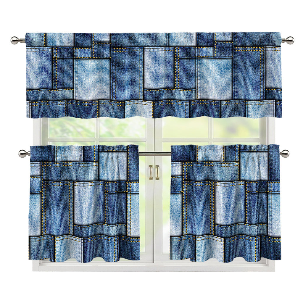 Patchwork Denim Jeans Pattern Print 3 Piece Kitchen Curtains