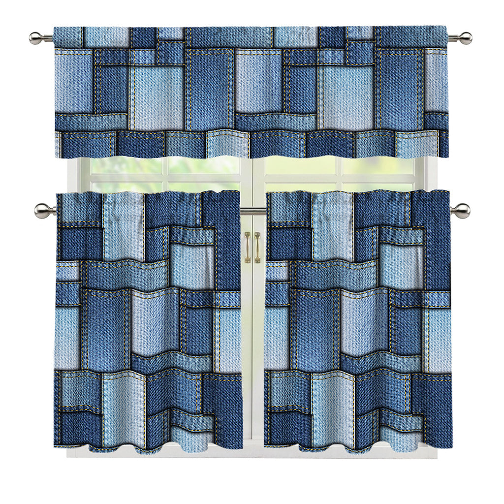 Patchwork Denim Jeans Pattern Print 3 Piece Kitchen Curtains