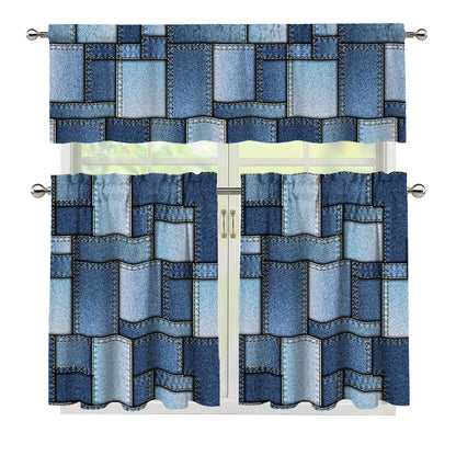 Patchwork Denim Jeans Pattern Print 3 Piece Kitchen Curtains