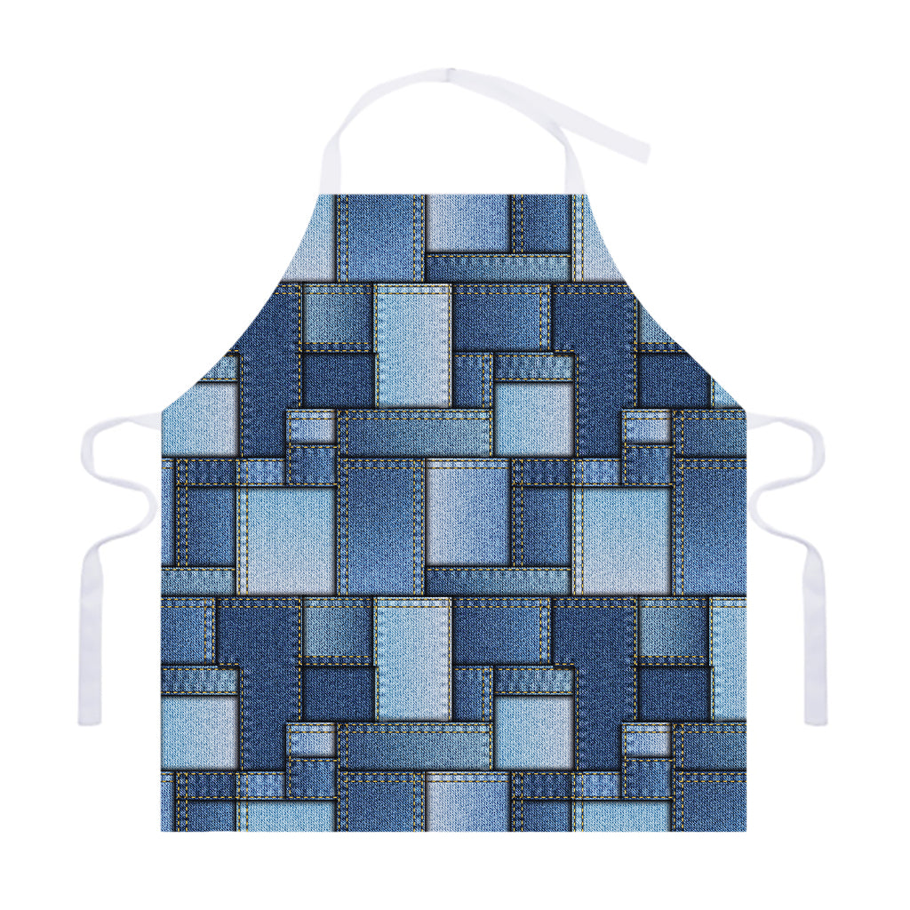 Patchwork Denim Jeans Pattern Print Adjustable Apron