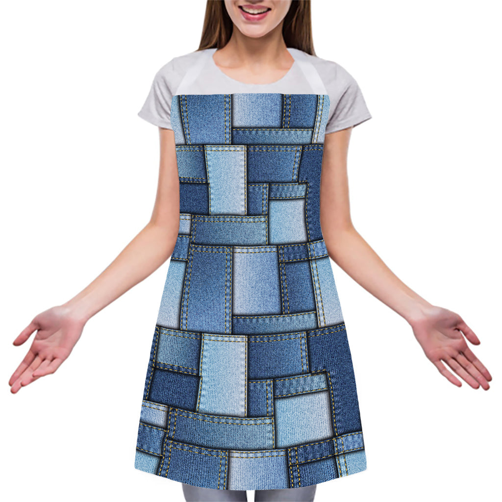 Patchwork Denim Jeans Pattern Print Adjustable Apron