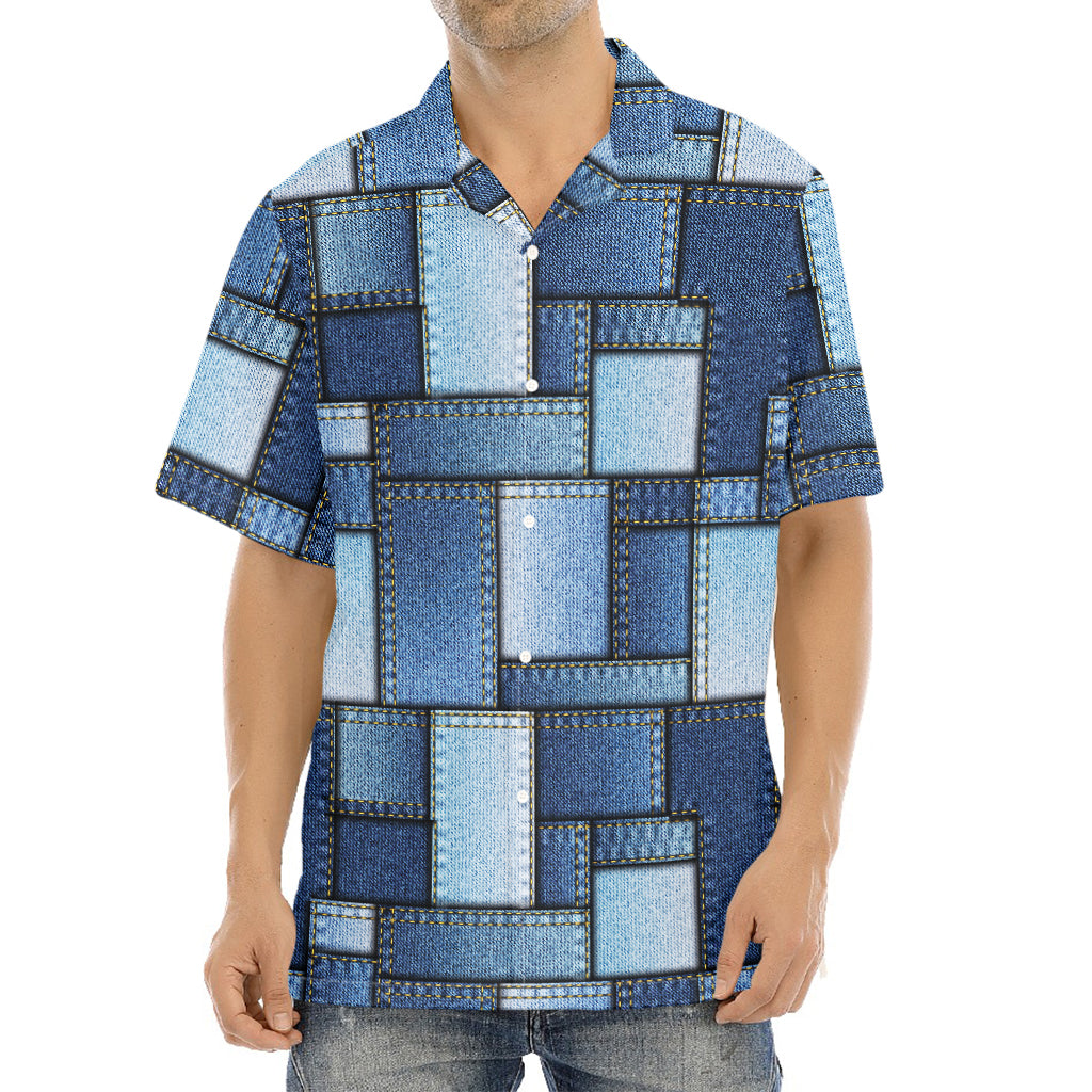 Patchwork Denim Jeans Pattern Print Aloha Shirt