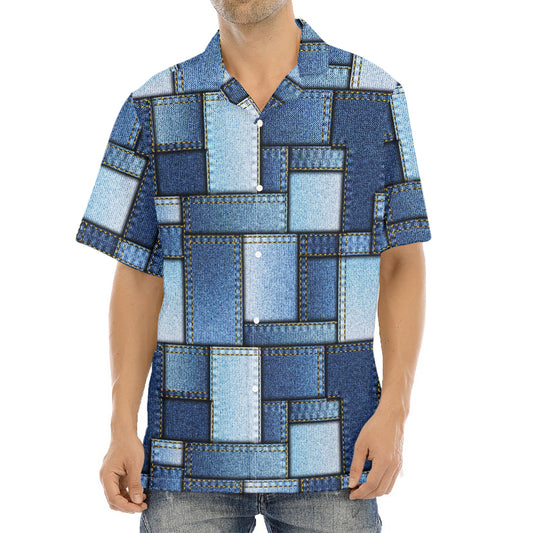 Patchwork Denim Jeans Pattern Print Aloha Shirt