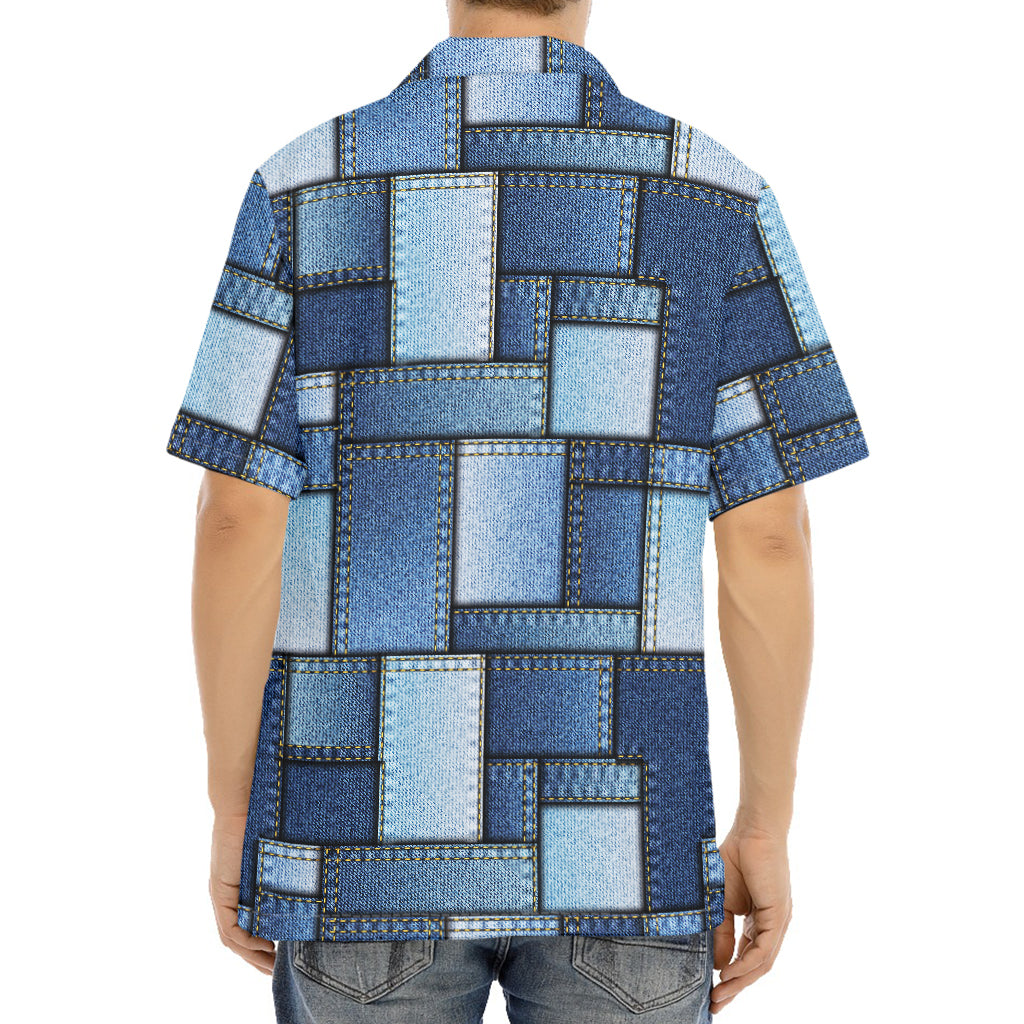 Patchwork Denim Jeans Pattern Print Aloha Shirt