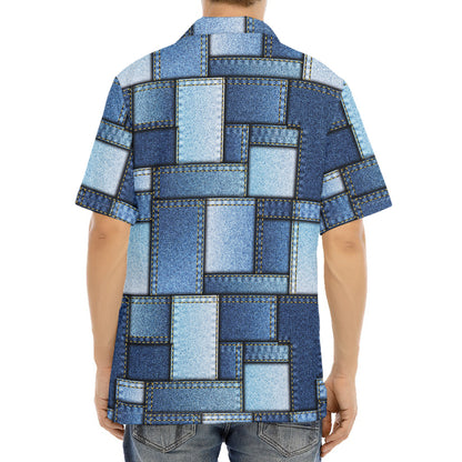 Patchwork Denim Jeans Pattern Print Aloha Shirt