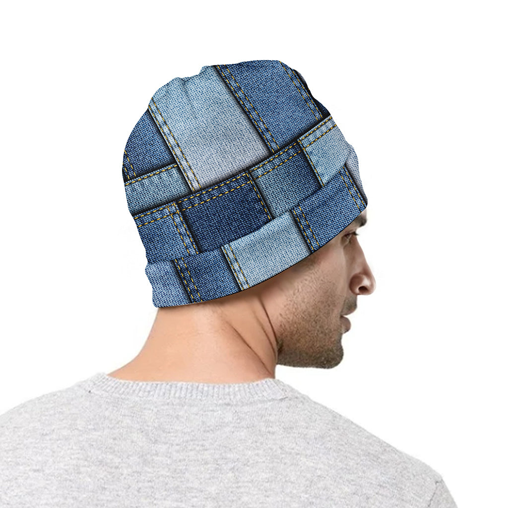 Patchwork Denim Jeans Pattern Print Beanie