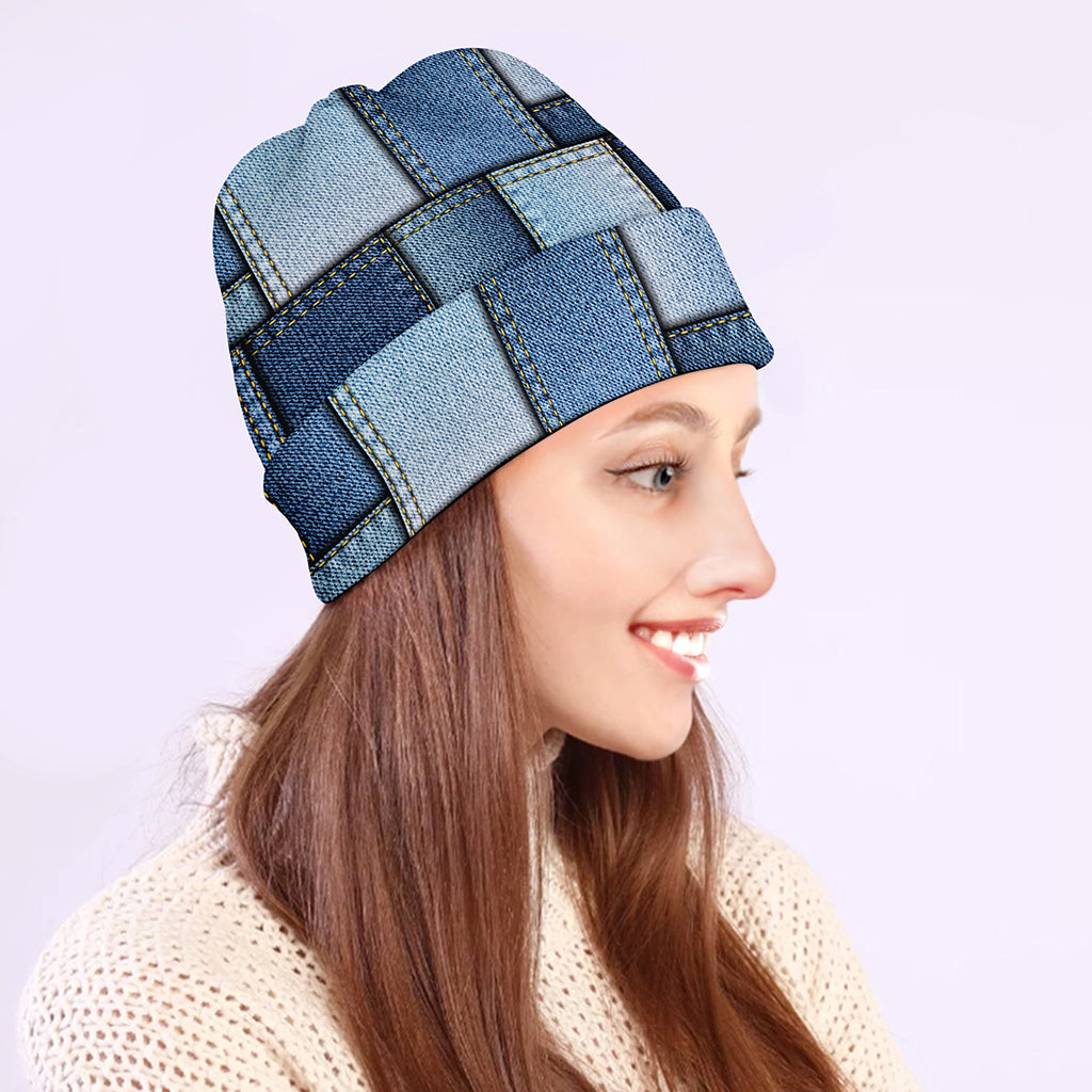 Patchwork Denim Jeans Pattern Print Beanie