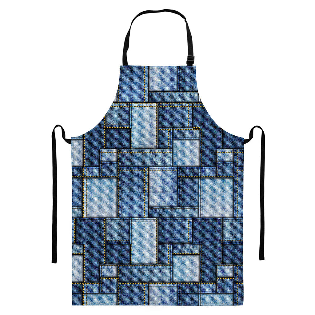 Patchwork Denim Jeans Pattern Print Bib Apron With Pocket