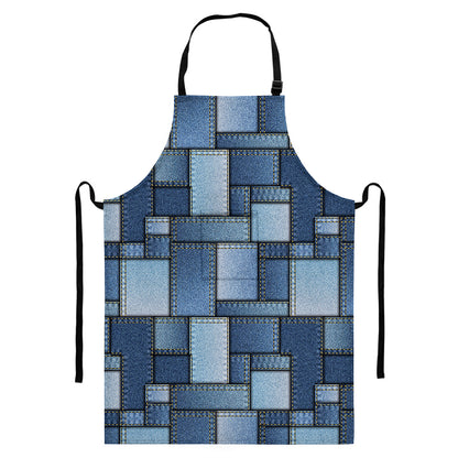 Patchwork Denim Jeans Pattern Print Bib Apron With Pocket