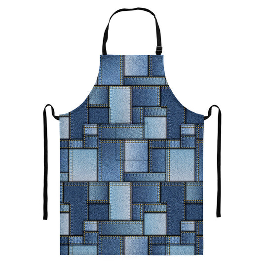 Patchwork Denim Jeans Pattern Print Bib Apron With Pocket
