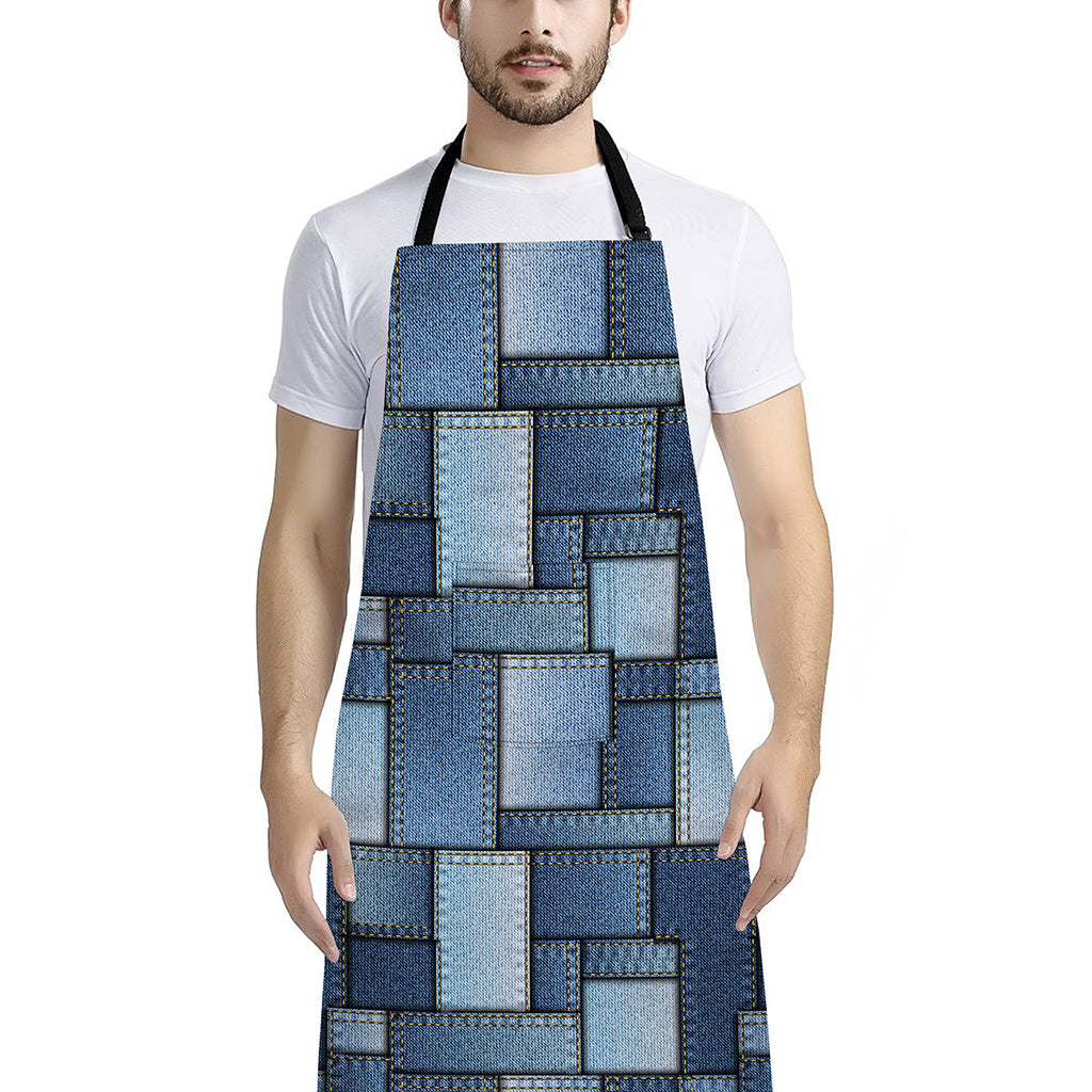 Patchwork Denim Jeans Pattern Print Bib Apron With Pocket