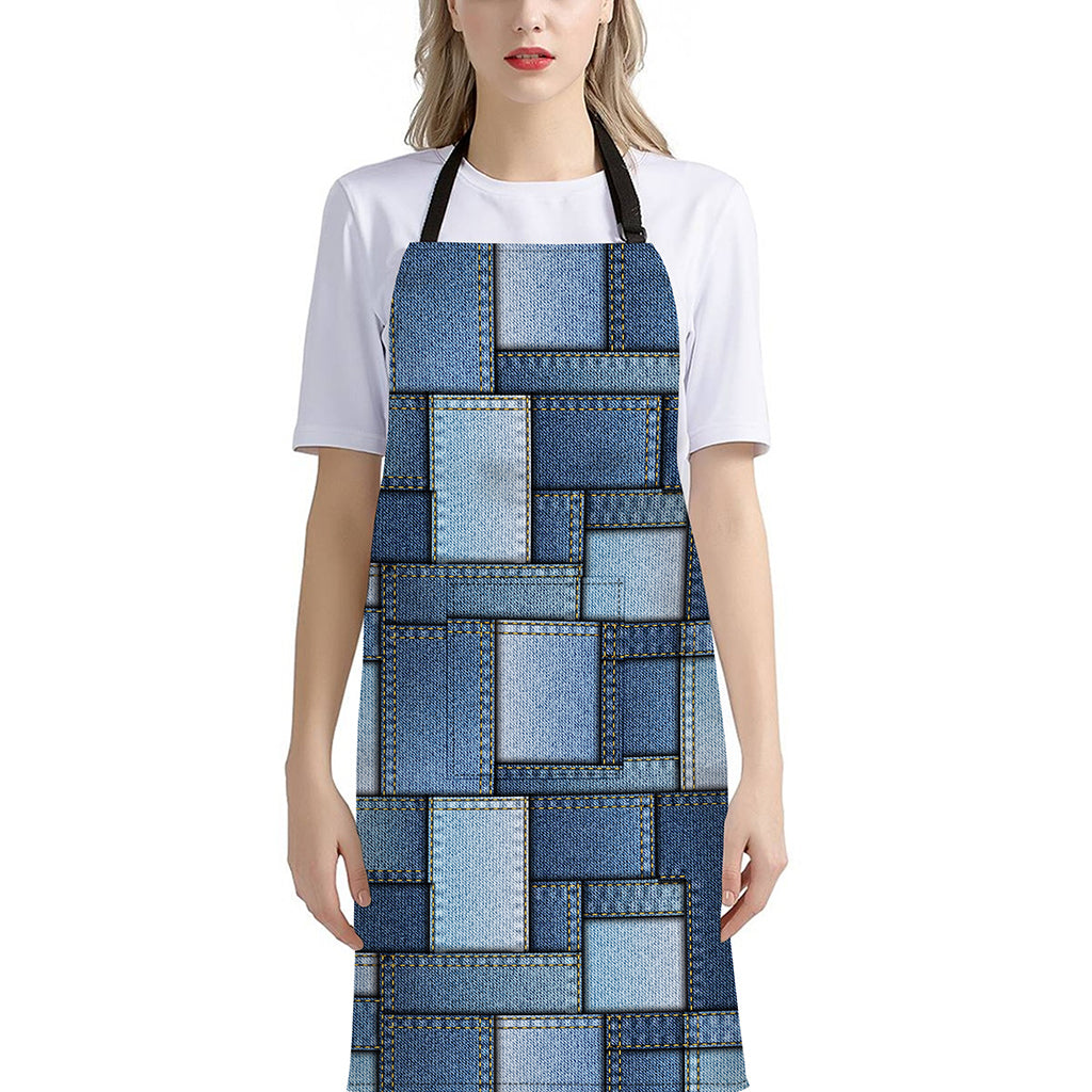 Patchwork Denim Jeans Pattern Print Bib Apron With Pocket