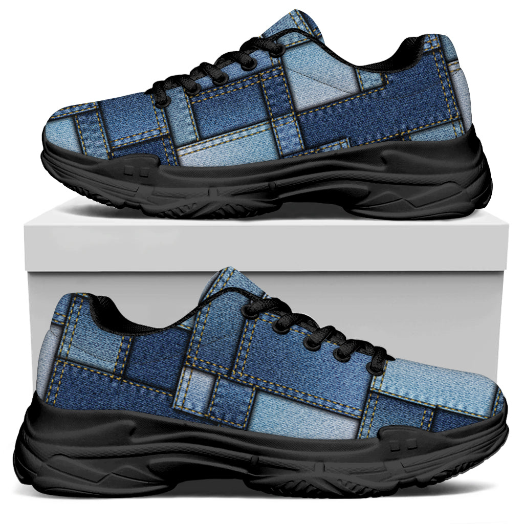 Patchwork Denim Jeans Pattern Print Black Chunky Shoes