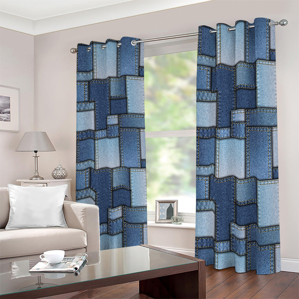 Patchwork Denim Jeans Pattern Print Blackout Grommet Curtains