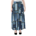 Patchwork Denim Jeans Pattern Print Chiffon Maxi Skirt