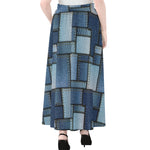 Patchwork Denim Jeans Pattern Print Chiffon Maxi Skirt