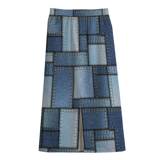Patchwork Denim Jeans Pattern Print Cotton Front Slit Maxi Skirt
