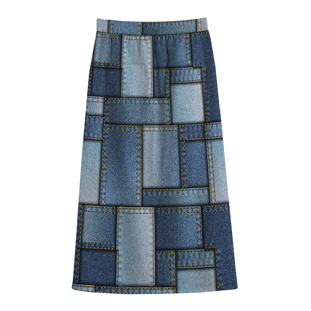 Patchwork Denim Jeans Pattern Print Cotton Front Slit Maxi Skirt