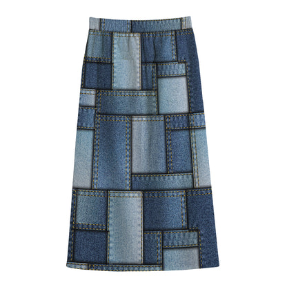 Patchwork Denim Jeans Pattern Print Cotton Front Slit Maxi Skirt