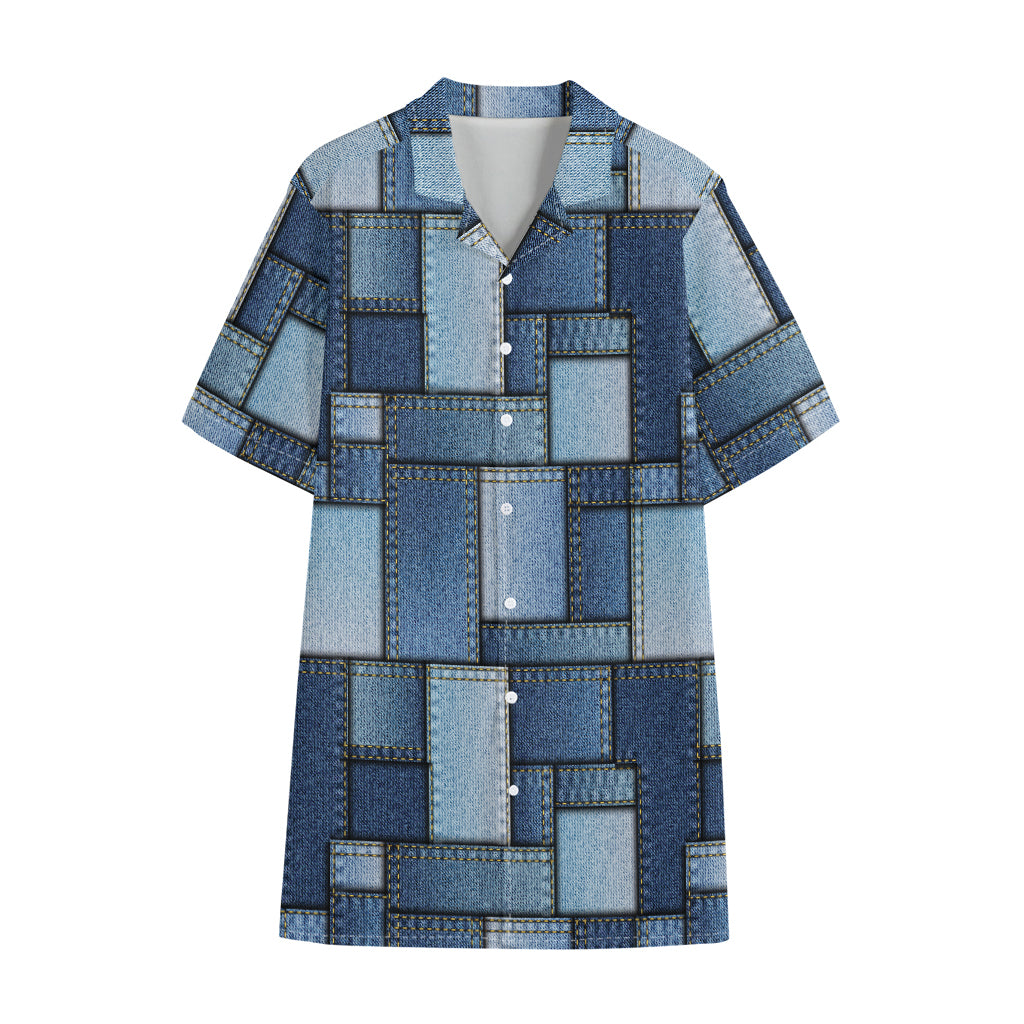 Patchwork Denim Jeans Pattern Print Cotton Hawaiian Shirt