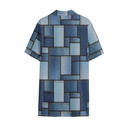 Patchwork Denim Jeans Pattern Print Cotton Hawaiian Shirt