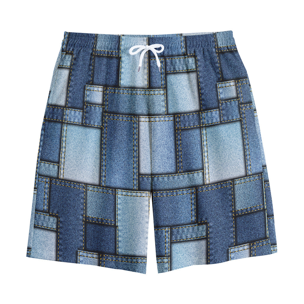 Patchwork Denim Jeans Pattern Print Cotton Shorts