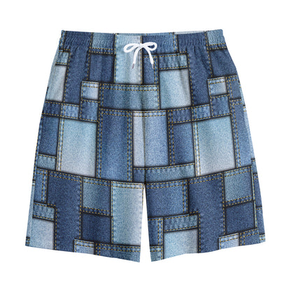Patchwork Denim Jeans Pattern Print Cotton Shorts