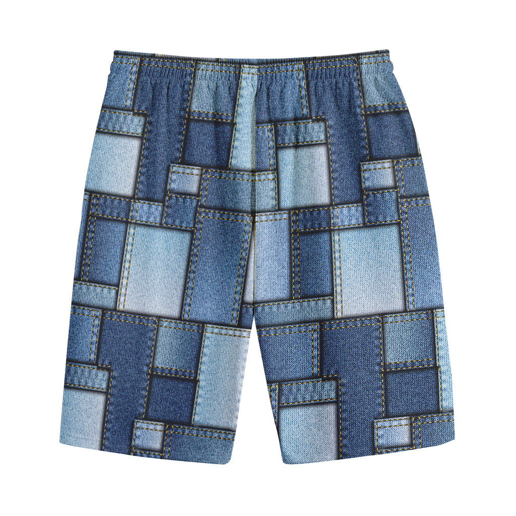 Patchwork Denim Jeans Pattern Print Cotton Shorts