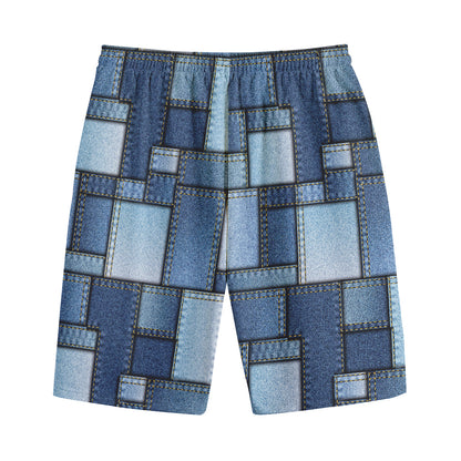 Patchwork Denim Jeans Pattern Print Cotton Shorts