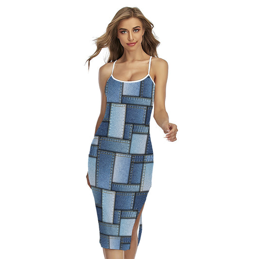 Patchwork Denim Jeans Pattern Print Cross Back Cami Dress