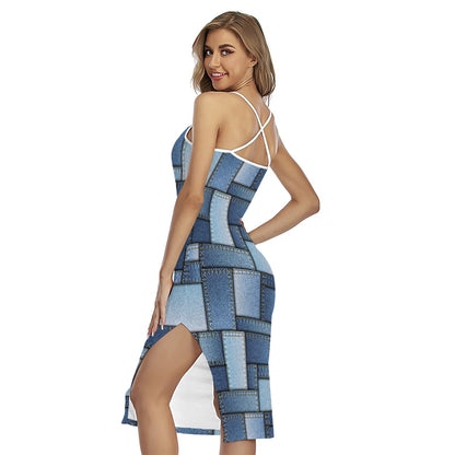 Patchwork Denim Jeans Pattern Print Cross Back Cami Dress
