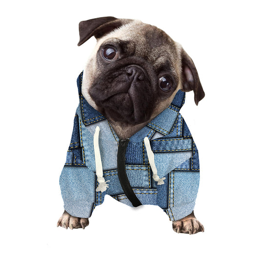 Patchwork Denim Jeans Pattern Print Dog Zip Up Hoodie