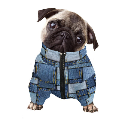 Patchwork Denim Jeans Pattern Print Dog Zip Up Jacket