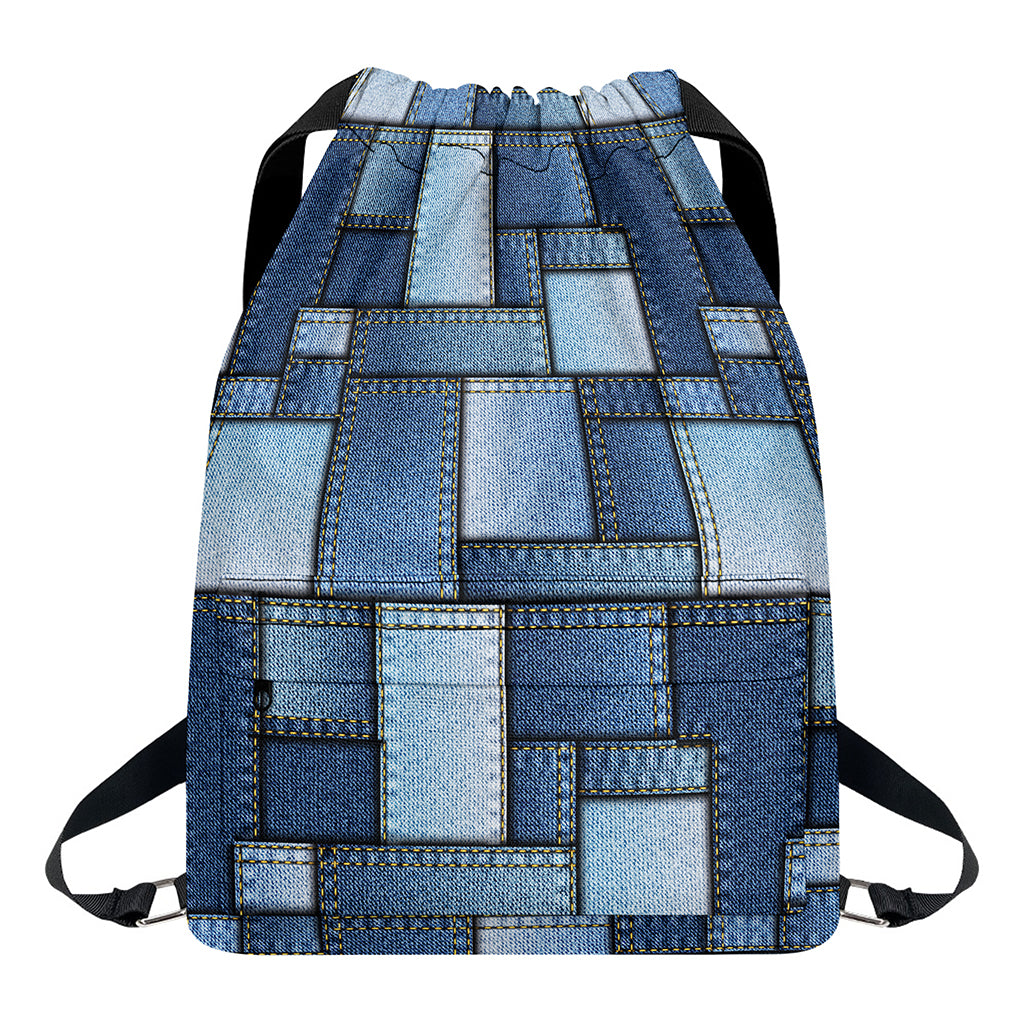 Patchwork Denim Jeans Pattern Print Drawstring Backpack