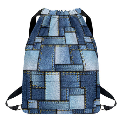Patchwork Denim Jeans Pattern Print Drawstring Backpack