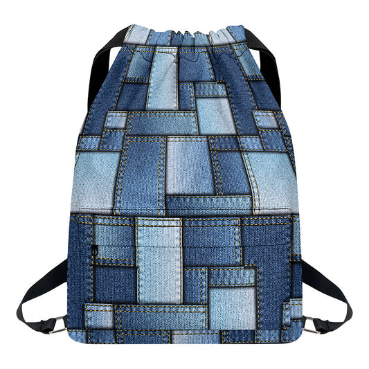 Patchwork Denim Jeans Pattern Print Drawstring Backpack