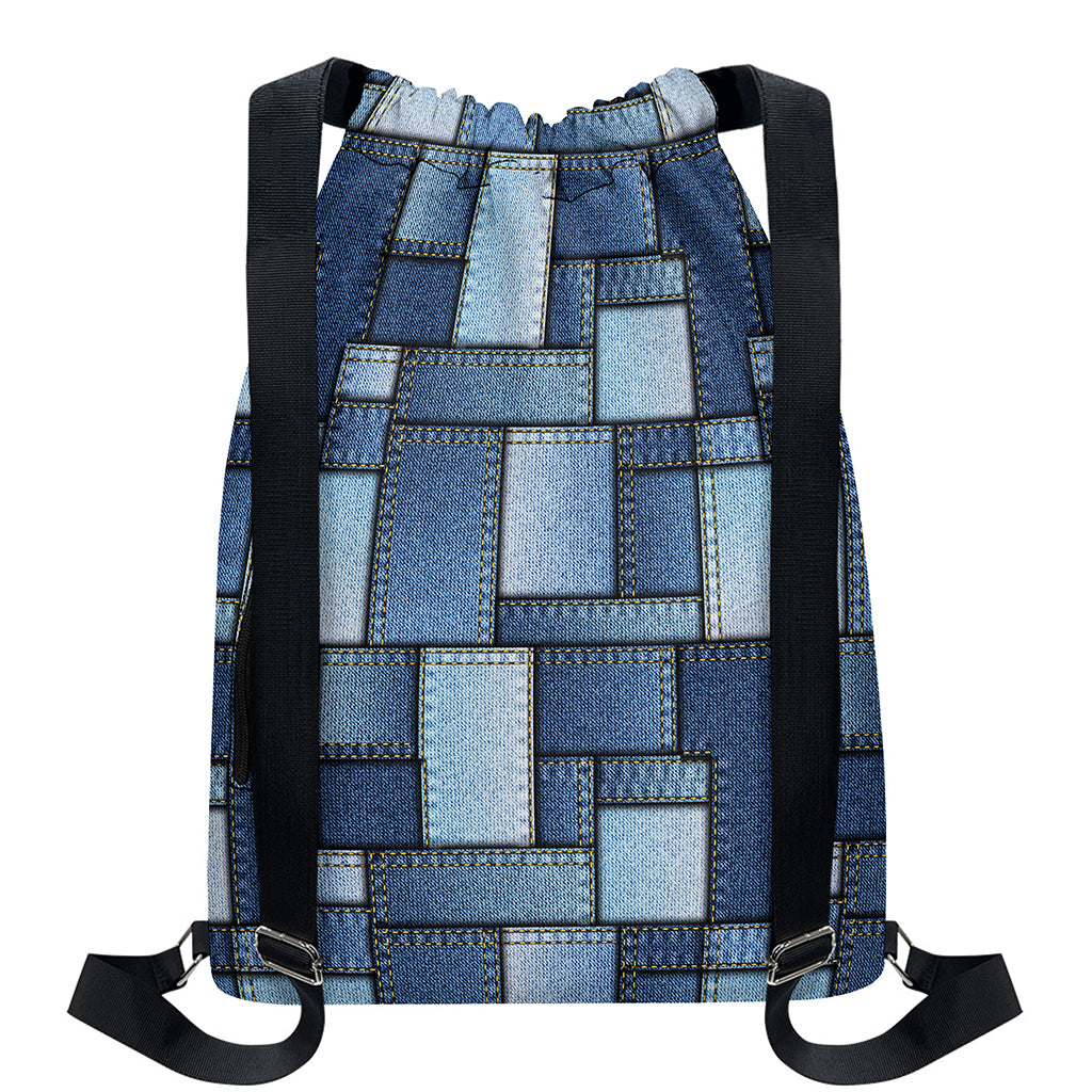 Patchwork Denim Jeans Pattern Print Drawstring Backpack