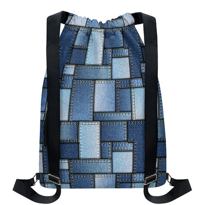 Patchwork Denim Jeans Pattern Print Drawstring Backpack